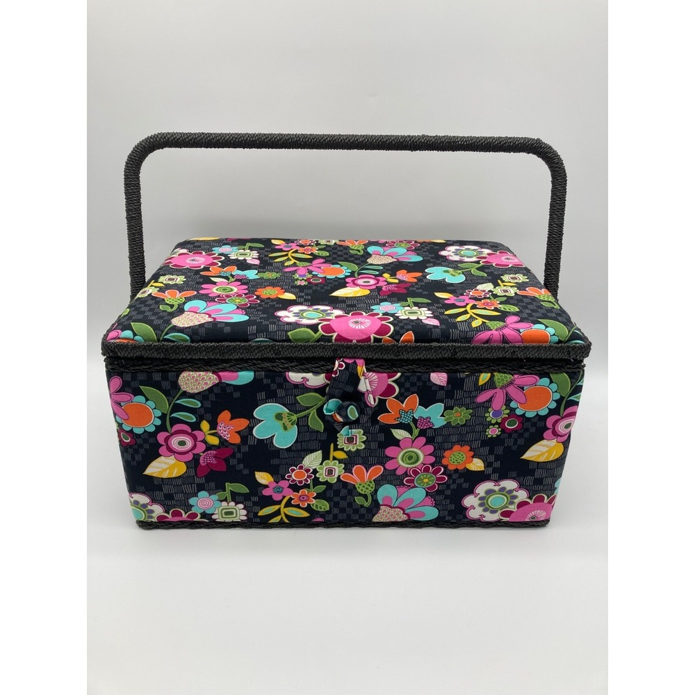 Fabric Covered Sewing Basket Box Bright Floral Print Snap Closure Wicker Trim